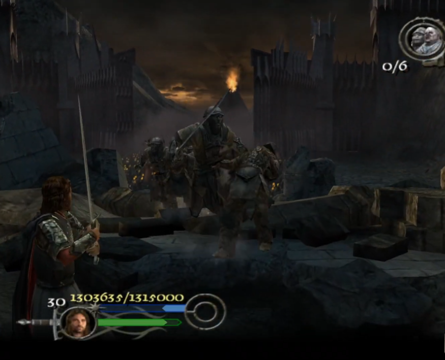 a screenshot of the game  Lord of the Rings, which shows Aragorn facing a pack of orcs