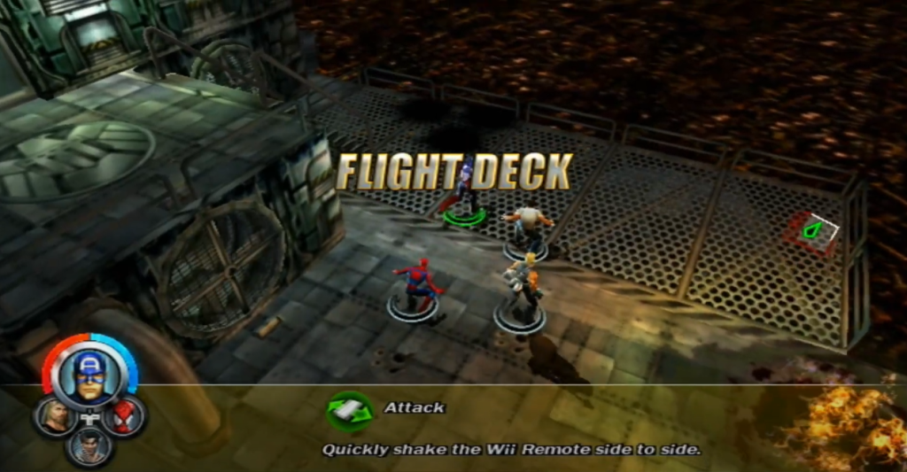 a screenshot of the game  Marvel Ultimate Alliance that shows four characters on a flight deck