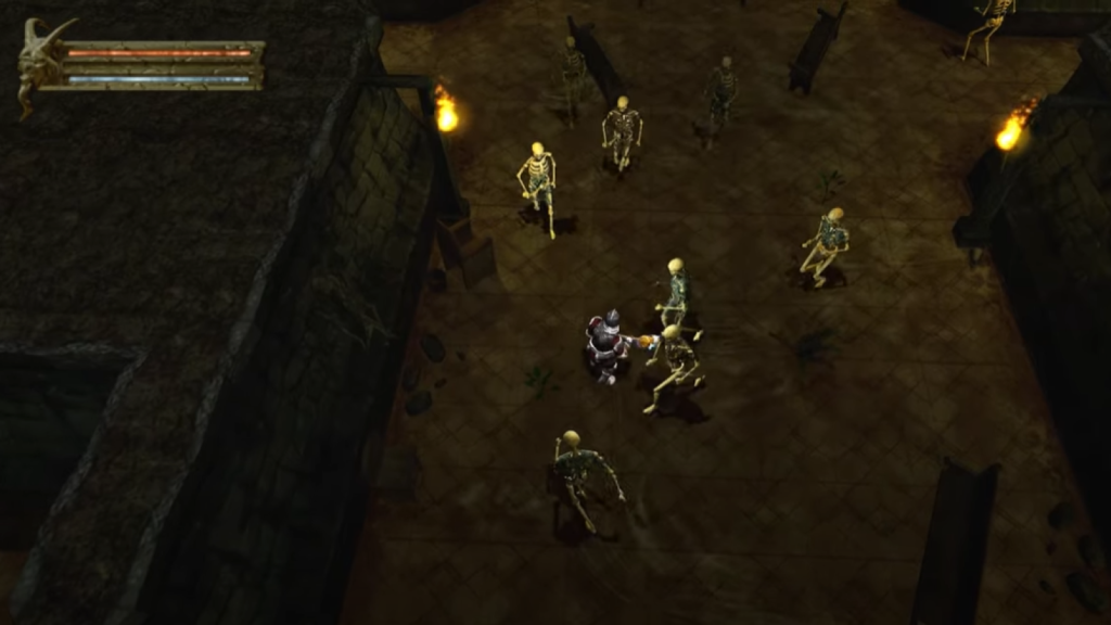 a screenshot of the game  Baldurs Gate Alliance that shows a skeleton horde fighting a character