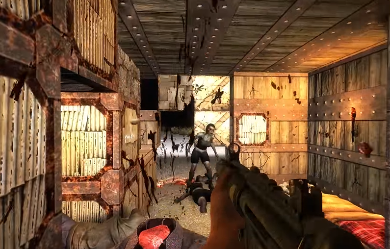 a screenshot of the game  7 days to die, that shows a zombie running at the main character, who holds a gun