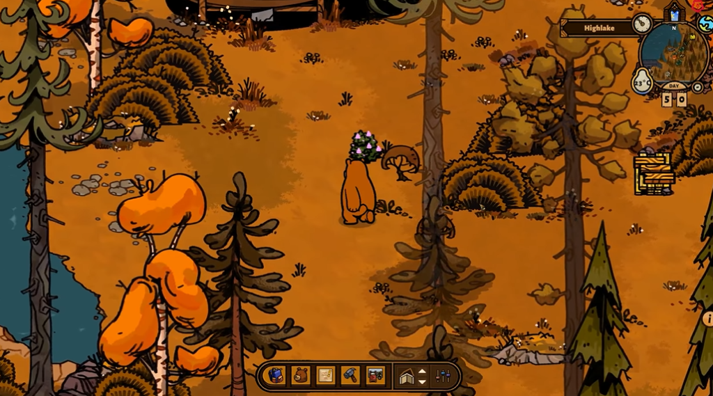 a screenshot of the game  Bear and Breakfast, in which a bear is walking through a forest