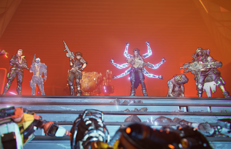 a screenshot of the game  Borderlands 3 that depicts multiple characters with weapons atop a platform