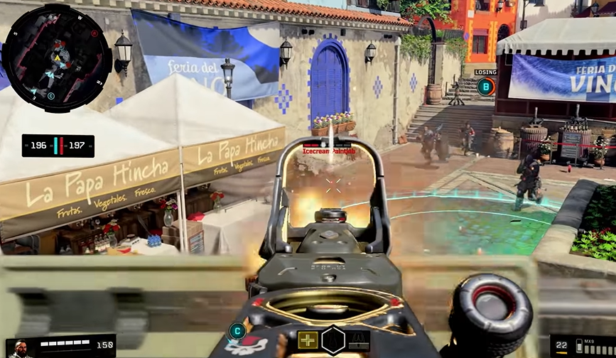 a screenshot of the game  Call of Duty Black Ops 4, which depicts a marketplace through the scope of a gun