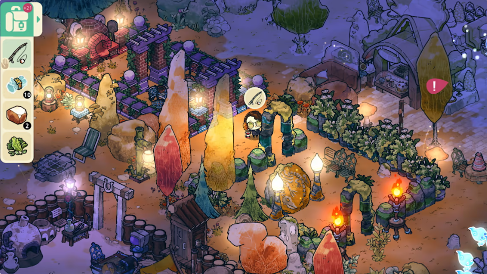 a screenshot of the game  Cozy Grove that displays a cosy village filled with orange and white lights