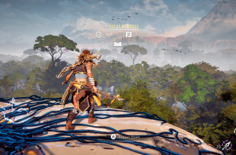 a screenshot of the game  Horizon Zero Dawn that shows Aloy standing on top of a large machine, there are several gameplay options around her