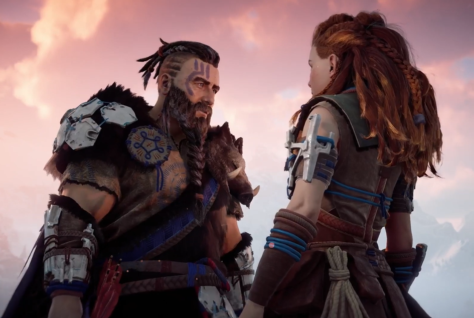 a screenshot of the game  Horizon Zero Dawn that shows the character Rost and Aloy in deep discussion