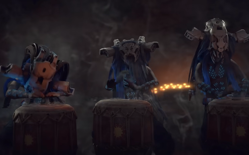 a screenshot of the game  Horizon Zero Dawn that shows three characters wearing animal skulls and machinery playing the drums