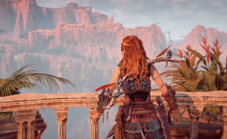 a screenshot of the game  Horizon Zero Dawn that shows Aloy looking over a stone balcony at mountains