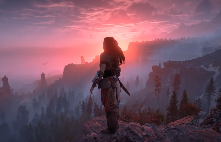 a screenshot of the game  Horizon Zero Dawn that shows Aloy standing over a forest during a pink and purple sunset. A winged machine flies in the distance