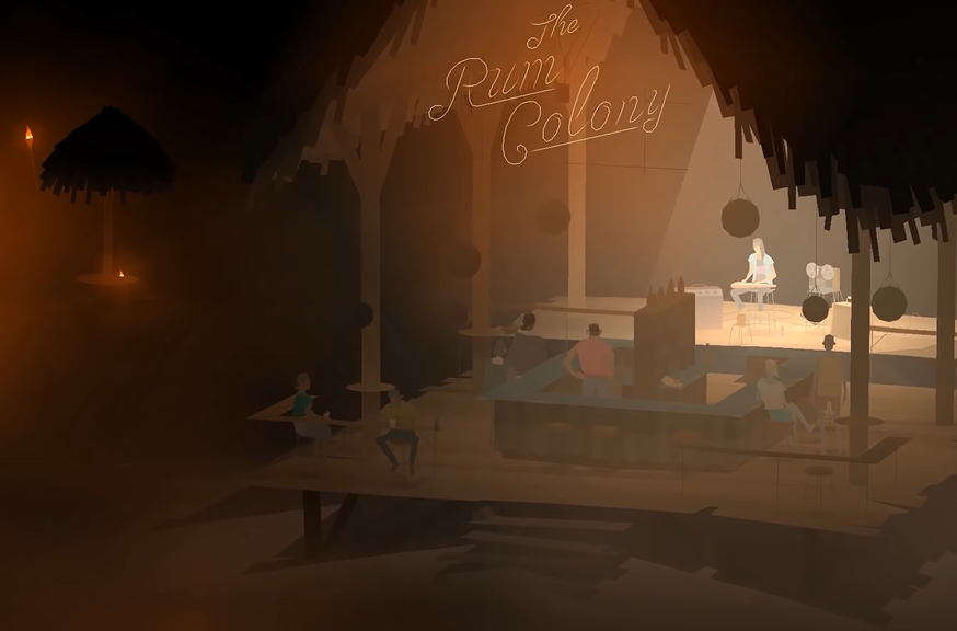 a screenshot of the game  Kentucky Route Zero which depicts an outdoor bar with low ambient lighting