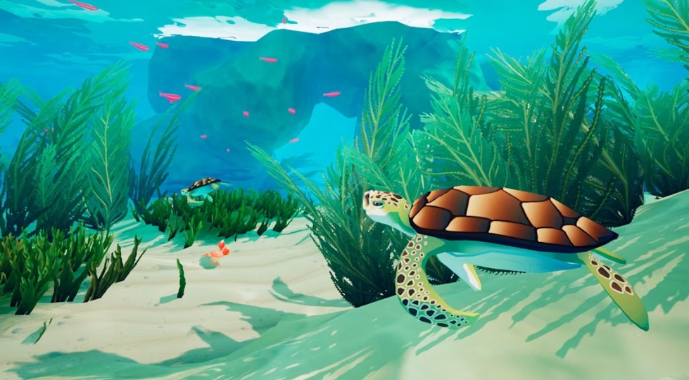 a screenshot of the game  Mythic Ocean in which a turtle is swimming through the ocean