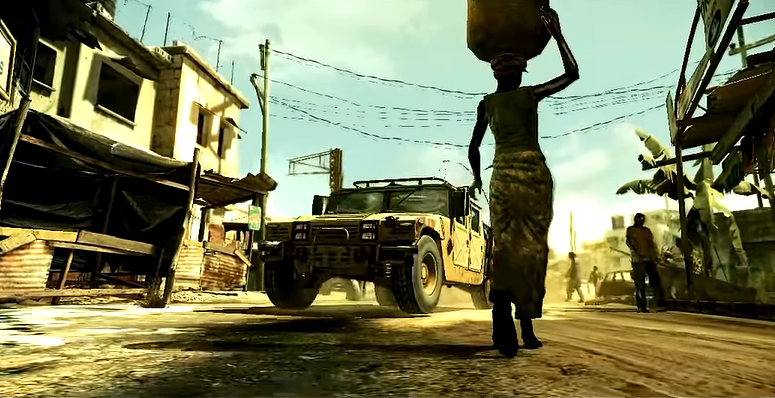 a screenshot of the game Resident Evil 5 that shows an African village with a truck and a woman carrying a basket on her head beside it
