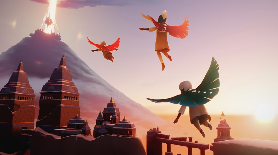 a screenshot of the game  Sky: Children of the Light in which three characters are flying towards a light above a mountain