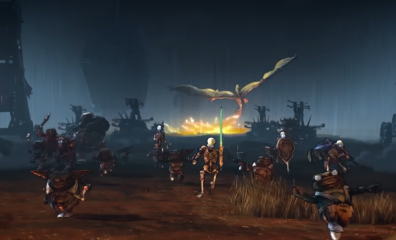 a screenshot of the game  Tiny Tina's Wonderlands which depicts a skeleton army running from a flying dragon blazing fire