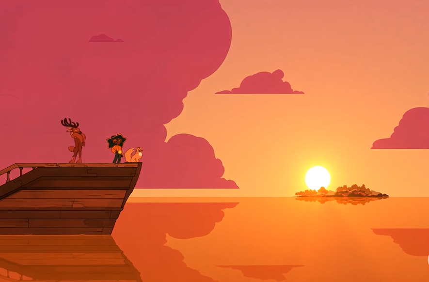 a screenshot of the game Spiritfarer, in which a girl and deer are standing on a ship before a sunset