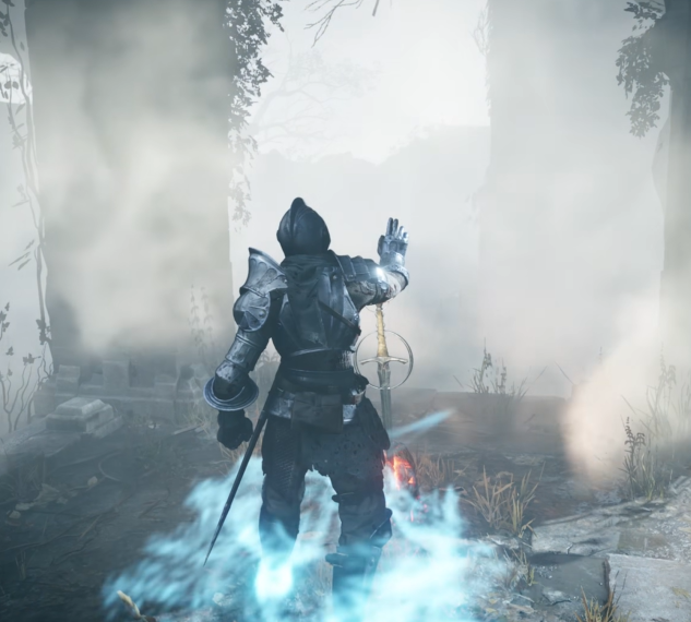 a screenshot of the game Demon Souls that shows a character in metal armour surrounded by glowing blue steam