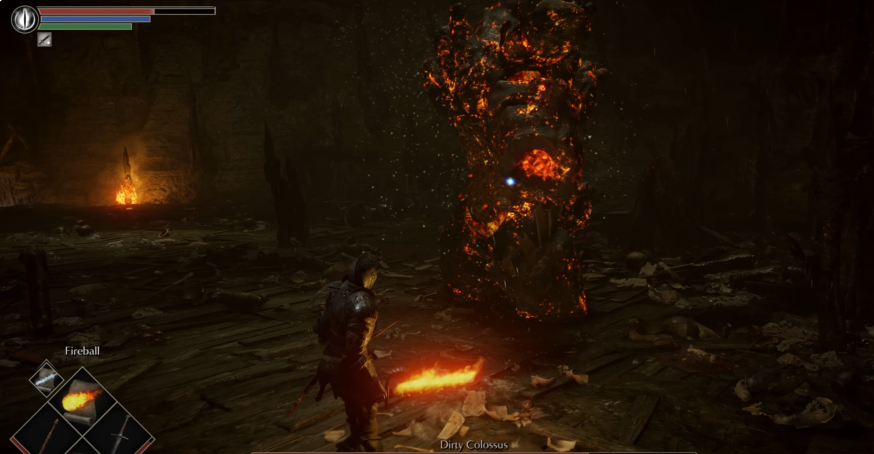 a screenshot of the game Demon Souls that shows a character in metal armour with a flaming sword facing a fire boss