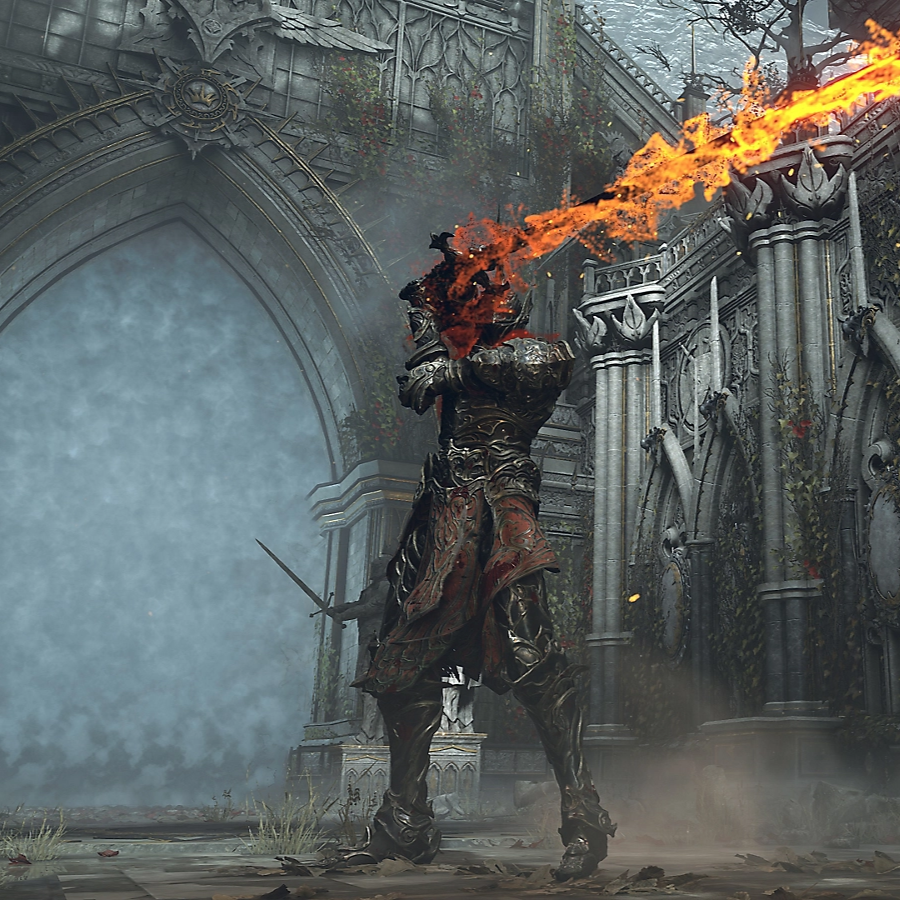 a screenshot of the game Demon Souls that shows a character in intricate metal armour holding a blazing sword