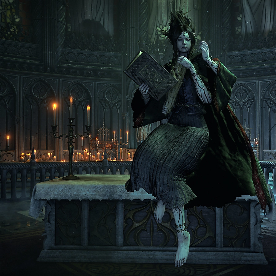 a screenshot of the game Demon Souls that shows a woman with four arms holding a book and sitting atop an alter