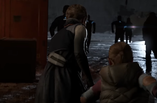 a screenshot of the game Detroit Become Human that shows multiple characters running across a dark sidewalk
