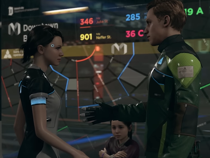 a screenshot of the game Detroit Become Human that shows two androids shaking hands. A girl sits between them in the background