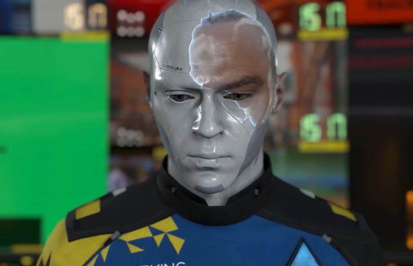 a screenshot of the game Detroit Become Human that shows the character Markus. His android skin is slowly taking over his human like skin