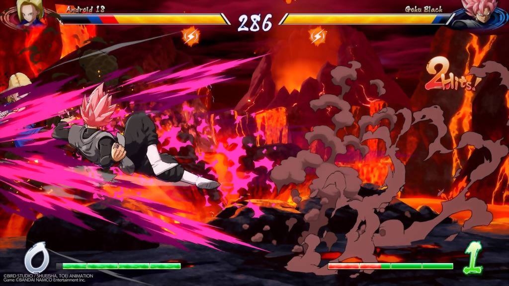 A screenshot of the game depicting two characters fighting. They are surrounded by purple lights