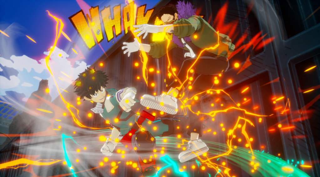 A screenshot of the game depicting two characters fighting. They are surrounded by orange lightning and the word wham