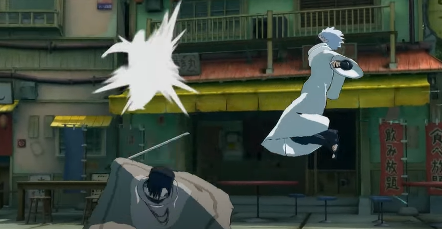 A screenshot of the game depicting two characters fighting. One flies through the air as he is struck with a sword by the other