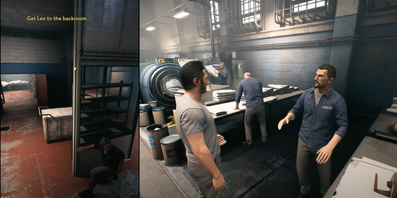 A screenshot of a split-screen game depicting a character talking, and another character crouching behind some furniture