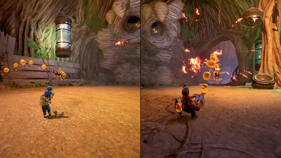 A screenshot of the game depicting two characters using honey guns to fight big insects