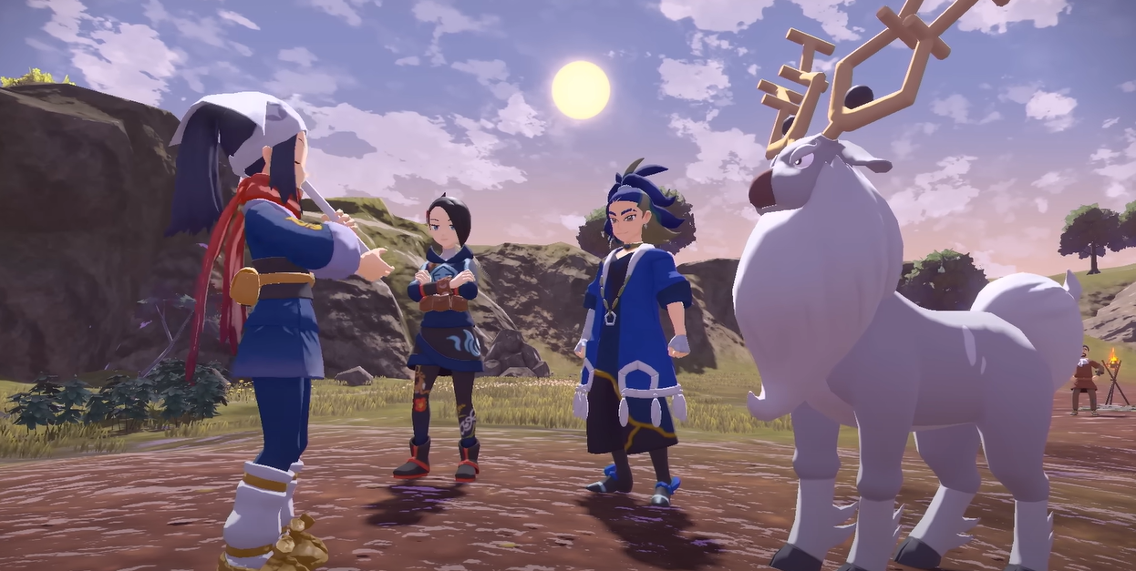 A screenshot of the game depicting a stag and three human characters talking