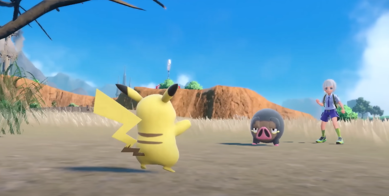 A screenshot of the game depicting Pikachu fighting another pokemon and their trainer