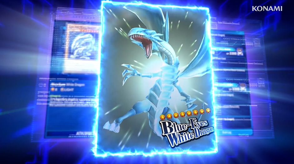 A screenshot of gameplay showing blue eyes white dragon
