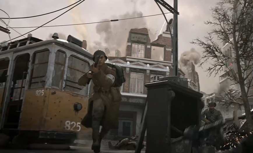 a screenshot of gameplay showing a soldier with  gun running through a city
