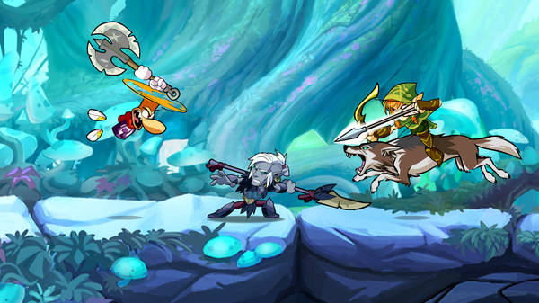 a screenshot of gameplay showing three characters fighting with weapons