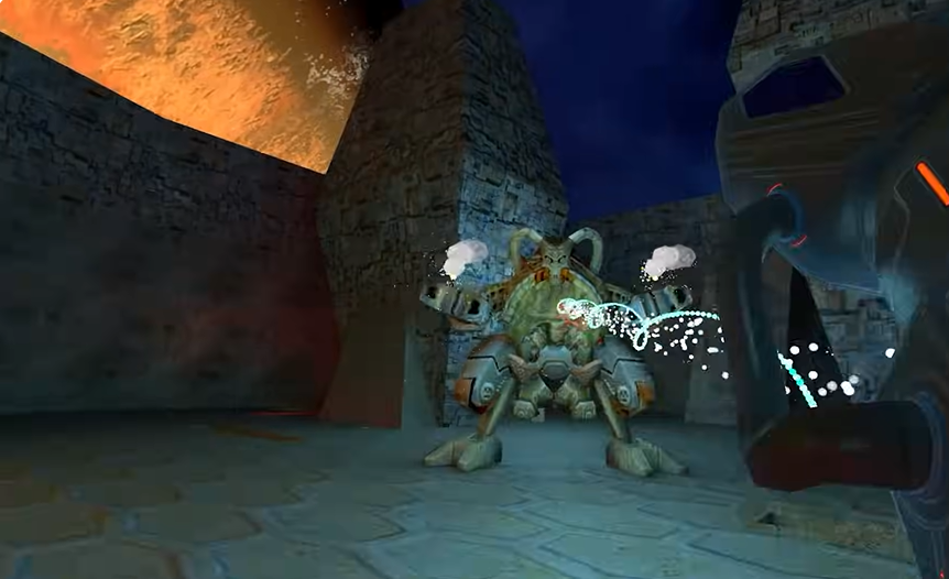 a screenshot of gameplay depicting a gun pointing at a monster