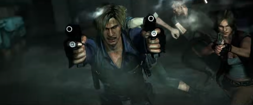 a screenshot of a game showing two characters holding guns up
