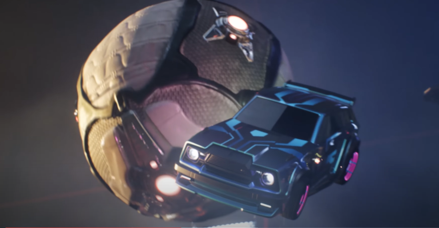 A screenshot of gameplay showing a car flying through the air to hit a football